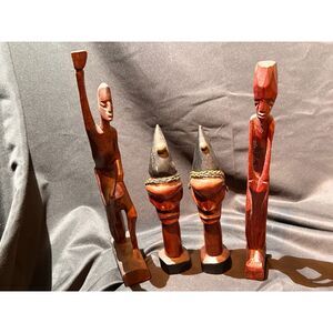 Hand Carved Wood Tribal Figurines Busts Set of 4